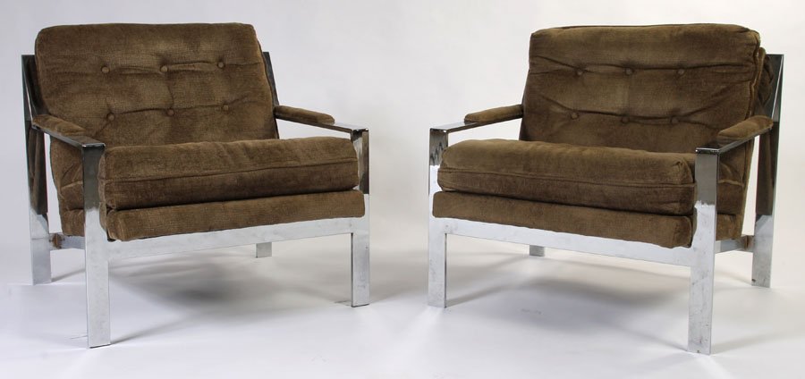 PR MILO BAUGHMAN CHROME UPHOLSTERED LOUNGE CHAIRS: A pair of Milo baughman style chrome and upholstered lounge chairs circa 1970. Ht: 27.5" Width: 29.5" Depth: 28"