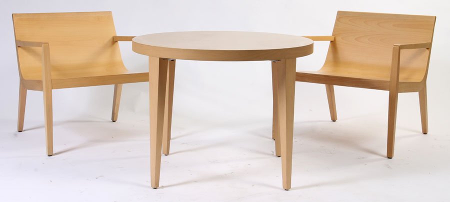 ANDREU WORLD LABELED FURNITURE CHAIRS TABLE: A collection of three Andreu World furniture items including a pair of bentwood arm chairs and matching round table. Signed with attached label. Ht: 26" Width: 27" Depth: 25.5"