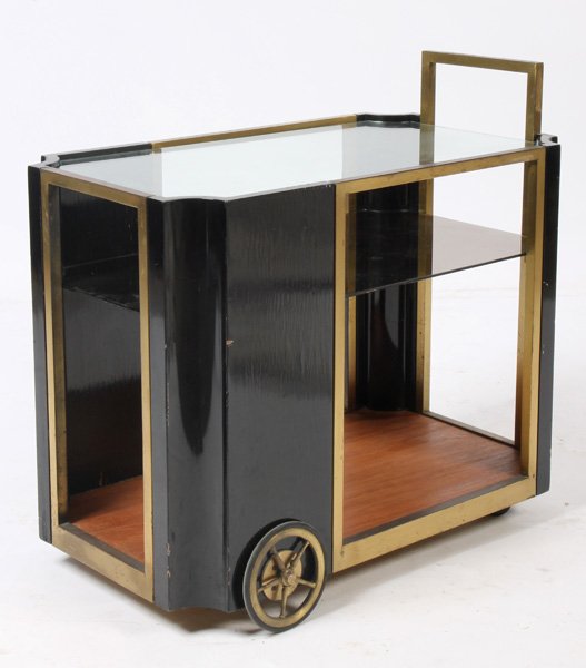 UNUSUAL ITALIAN MODERN DRINKS CART: Unusual Italian mid century modern brass, glass, mahogany and ebonized drinks cart circa 1950. Ht: 29.5" Width: 18" Depth: 32"