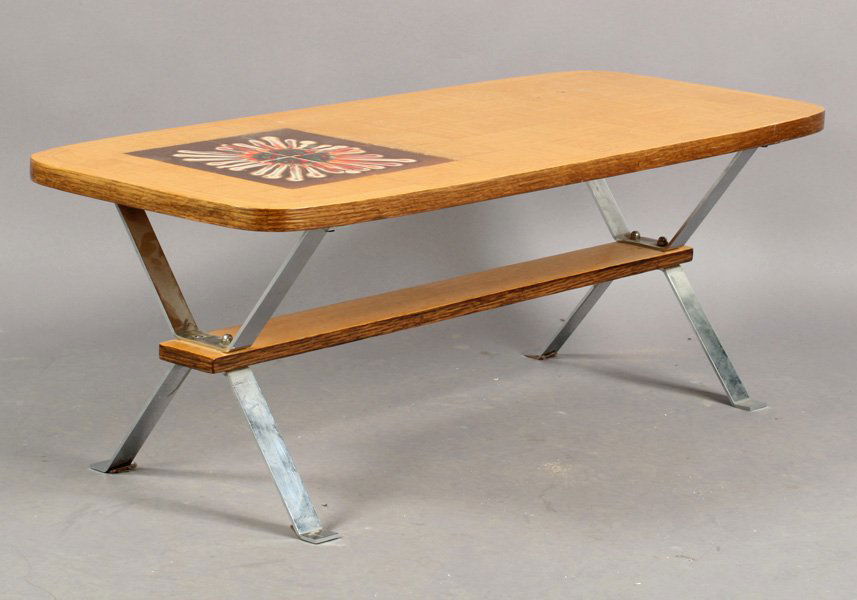 FRENCH ROGER CAPRON COFFEE TABLE OAK: A French Roger Capron style coffee table with patchwork oak top having inset abstract flower tiles supported on chrome base circa 1970. Ht: 17" Width: 47.5" Depth: 19.75"