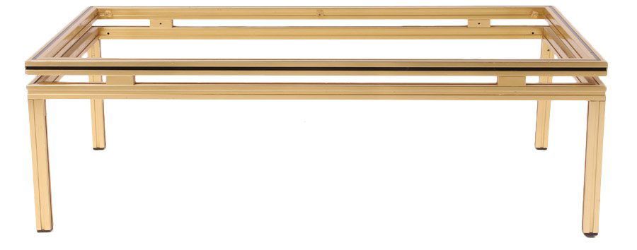 2 TONE PIERRE VANDEL PARIS BRASS COFFEE TABLE: Two-tone Pierre Vandel Paris brass coffee table circa 1970. Lacking glass. Ht: 13.5" Width: 21.5" Depth: 41.5"