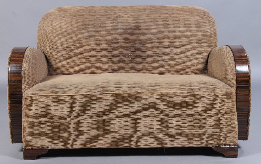 ART DECO SETTEE CIRCA 1930: Art Deco settee with macassar veneer and original fabric circa 1930. Ht: 32.5" Width: 56" Depth: 29"