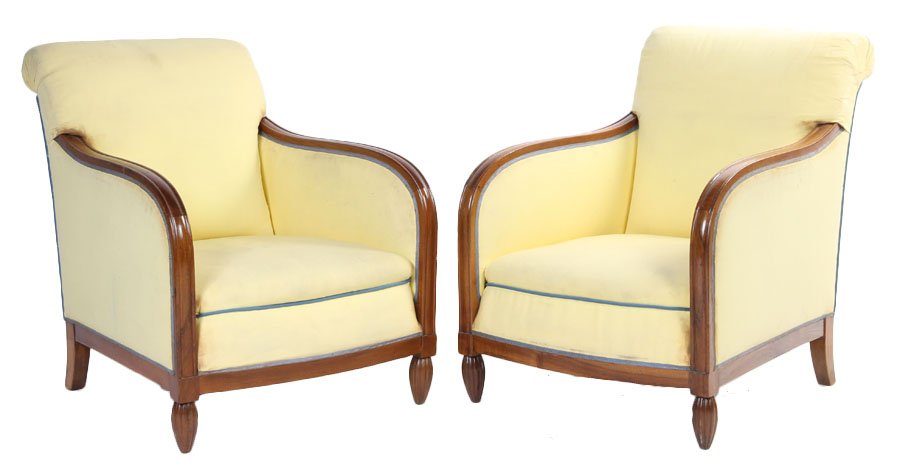 PR FRENCH ART DECO CLUB CHAIRS C.1930: Pair French Art Deco club chairs circa 1930, the frames having rolled arms resting on tapered and fluted feet. Ht: 32" Width: 26" Depth: 33"