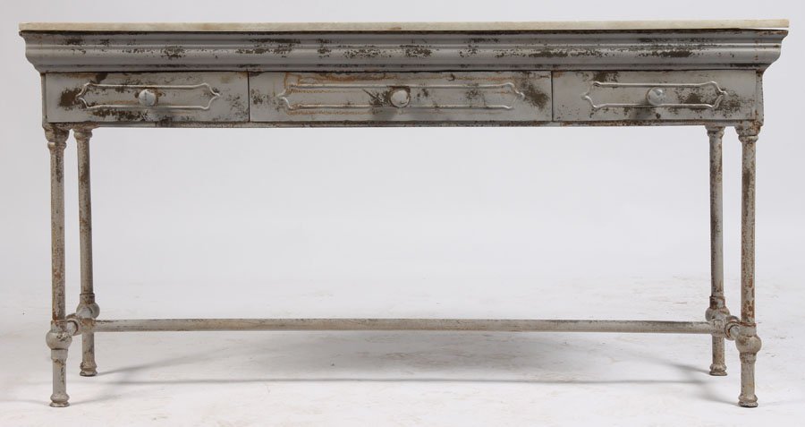 INDUSTRIAL METAL CONSOLE SOFA TABLE: An industrial metal console or sofa table having stone top over three drawers supported on straight legs with stretcher. Ht: 31" Width: 18" Depth: 60"