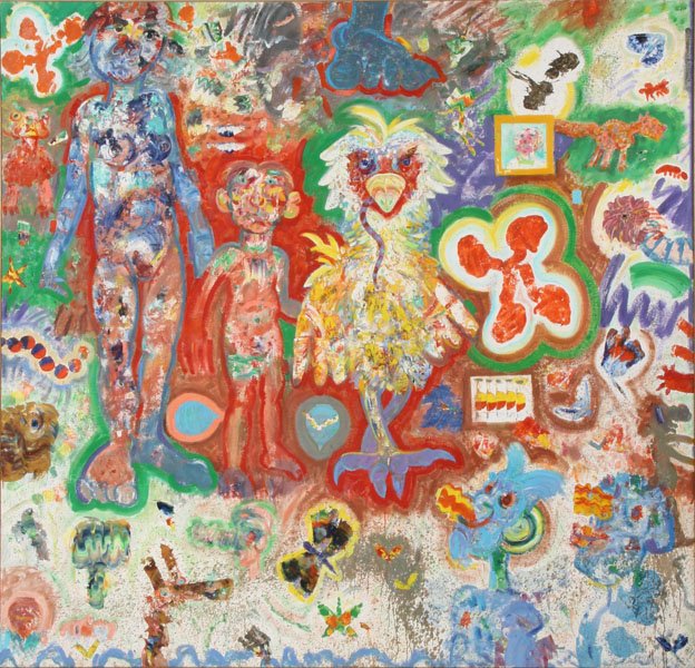 SIGNED AMERICAN ABSTRACT OIL PAINTING BEAUCHAMP: Robert Beauchamp (American, 1923-1994) Abstract Composition of figure, animals and insects. Oil painting on canvase, signed lower right "Beauchamp, 84." Ht: 84" Width: 89"