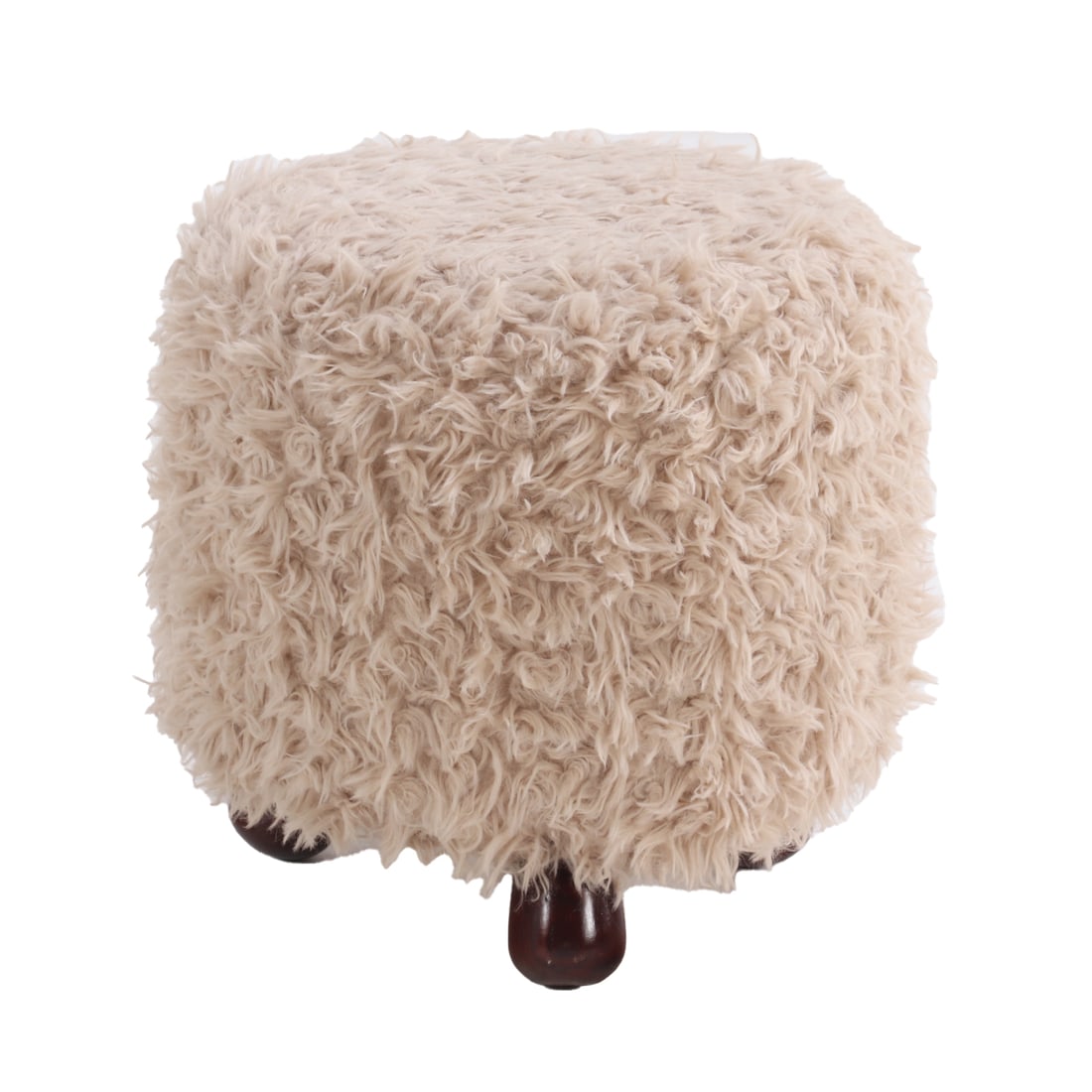 UPHOLSTERED FOOT STOOL IN THE MANNER OF JEAN ROYERE HAVING FAUX SHEEPS WOOL UPHOLSTERY. (1 of 3)