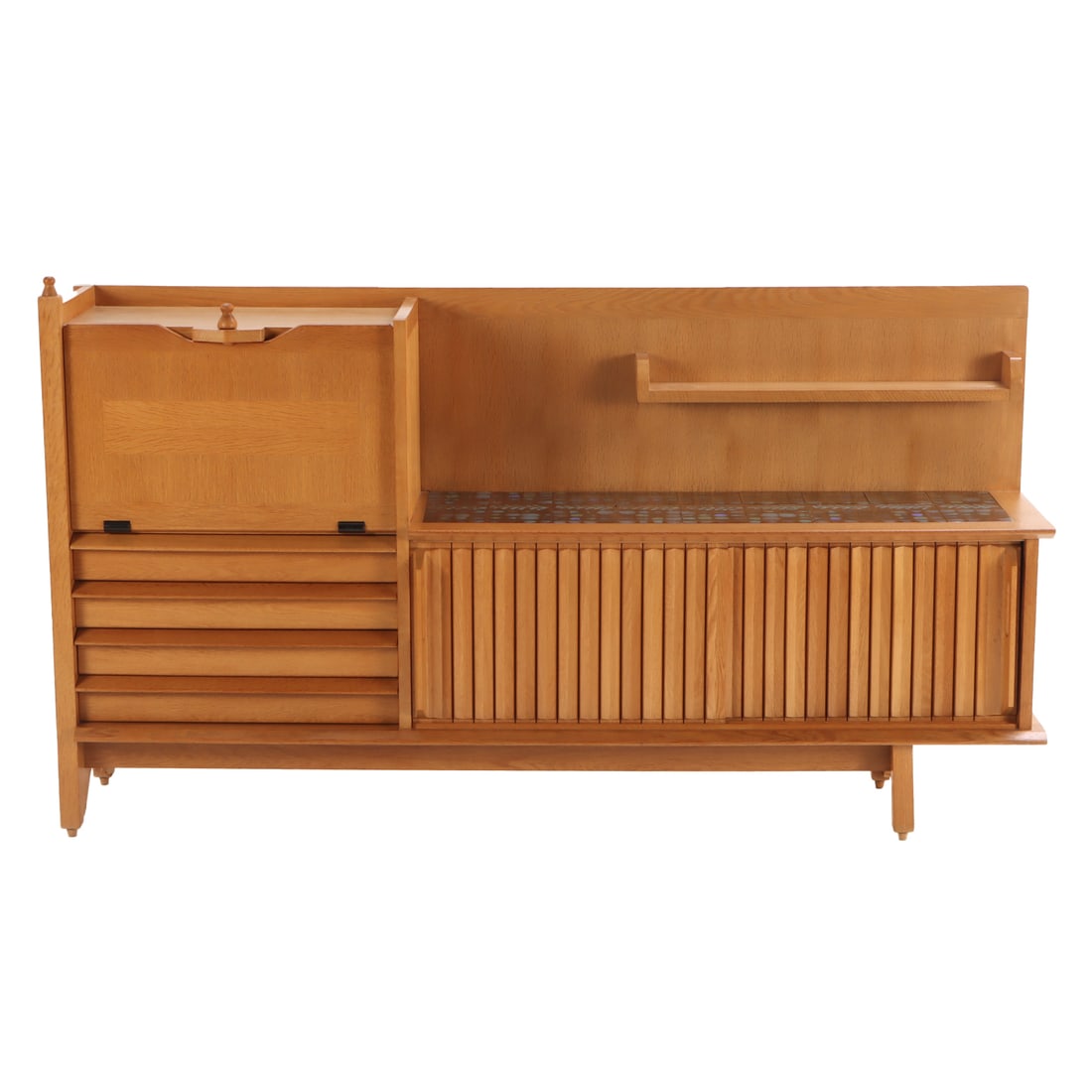 FRENCH OAK SIDEBOARD OR BAR BY GUILLERME AND CHAMBRON C 1960. HAVING A FALL FRONT BAR CABINET, (1 of 5)
