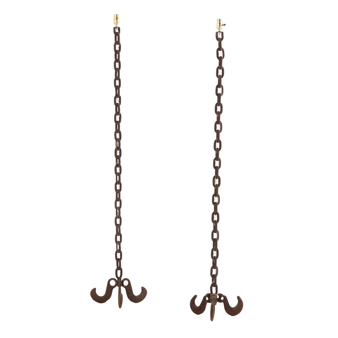 PAIR BRUTALIST STYLE IRON CHAIN AND HOOK FLOOR LAMPS. (1 of 3)