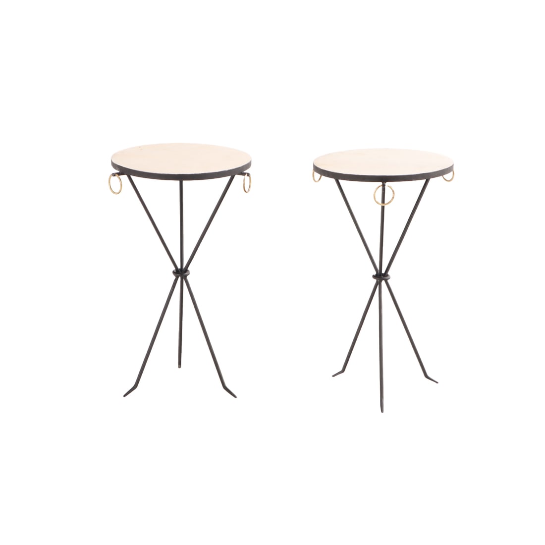 PAIR OF IRON DRINKS TABLES HAVING PARCHMENT COVERED TOPS AND BRASS RING DECORATION. (1 of 5)