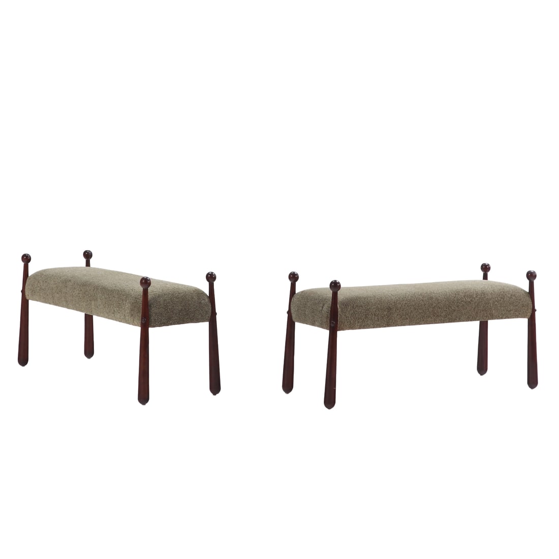 PAIR UPHOLSTERED BENCHES WITH BAT FORM LEGS IN THE MANNER OF JEAN ROYERE. (1 of 4)