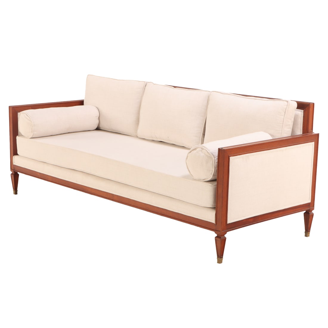 AN ELEGANT SOLID MAHOGANY SOFA BY NORDISKA HAVING BOLSTER CUSHIONS AND NEW FABRIC C 1940. (1 of 5)