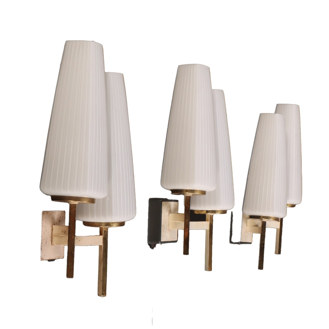 THREE FRENCH TWO ARM WALL SCONCES BY ARLUS C 1950 HAVING GLASS SHADES. (1 of 4)