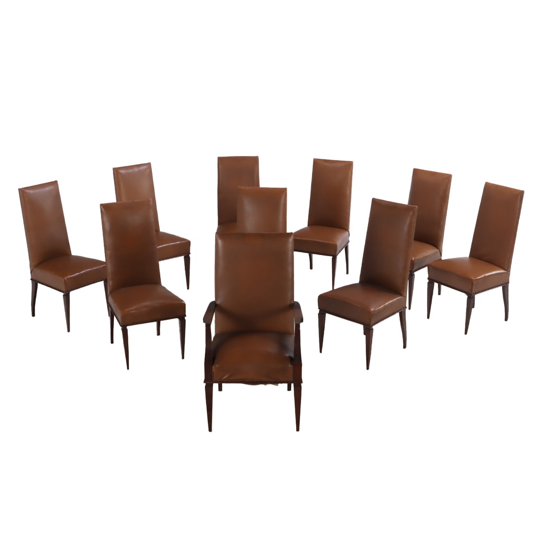 TEN FRENCH TALL BACK DINING CHAIRS IN THE MANNER OF ANDRE ARBUS C 1950.  INCLUDING ONE ARM CHAIR. (1 of 3)