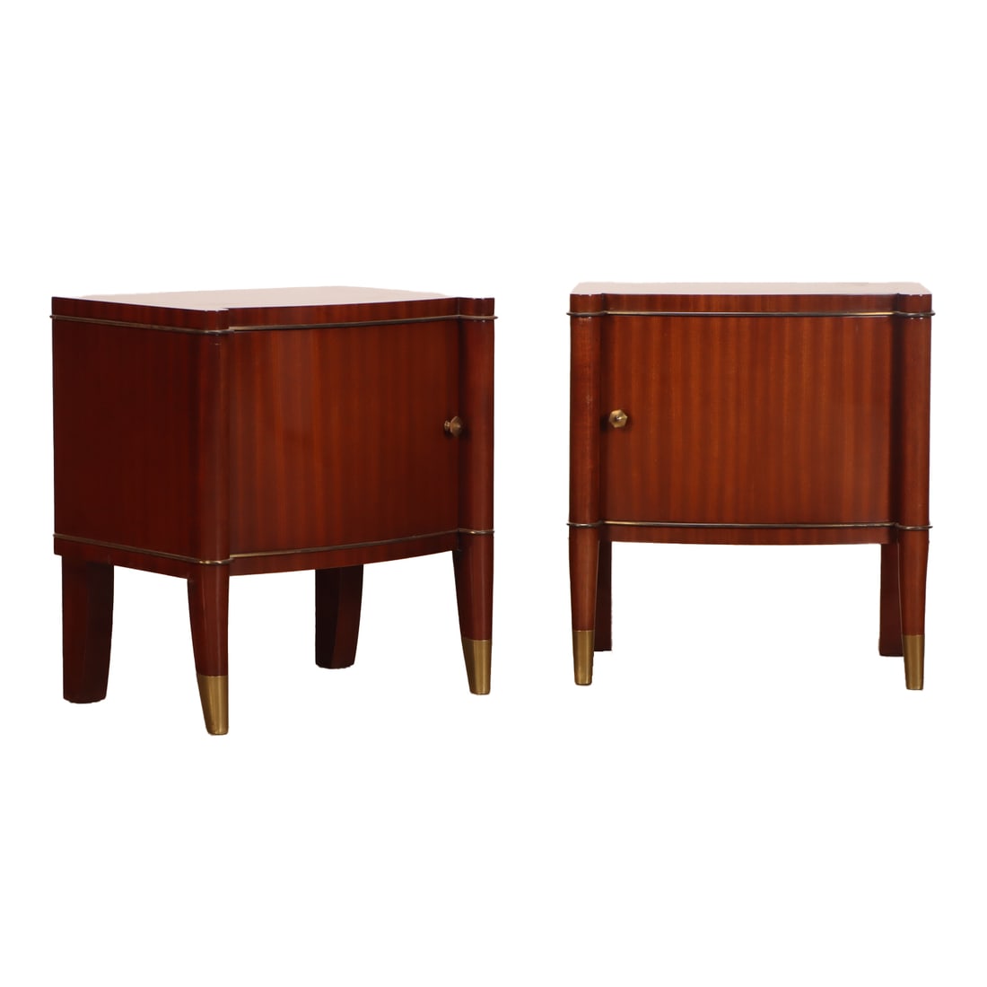 PAIR MAHOGANY AND BRASS BELGIAN NIGHT STANDS BY DE COENE FRERES C 1950.: Pair mahogany and brass Belgian night stands by De Coene Freres C 1950. Ht: 21.75" Wd: 20.25" Dpth: 14"