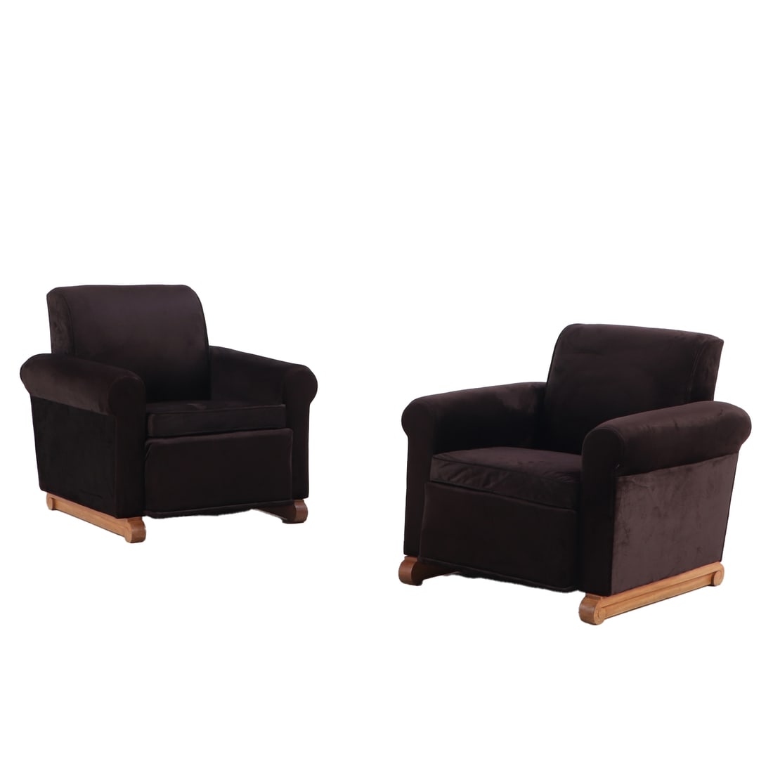 PAIR FRENCH ART DECO CLUB CHAIRS C 1940 WITH RECENT FABRIC IN THE MANNER OF JEAN CHARLES (1 of 6)