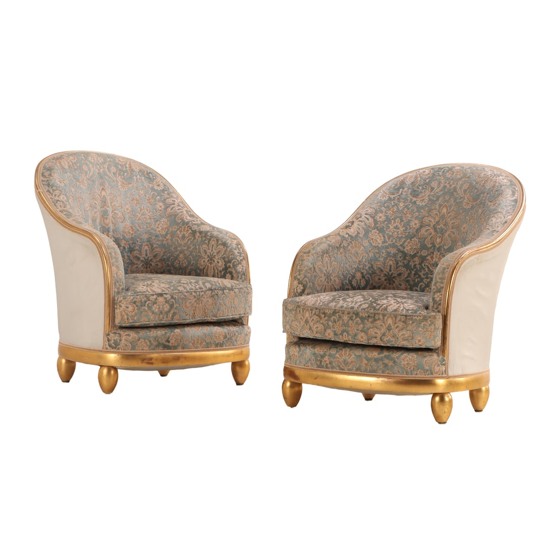 PAIR FRENCH GILTWOOD ART DECO LOUNGE CHAIRS ATTRIBUTED TO PAUL FOLLOT C 1930. (1 of 6)
