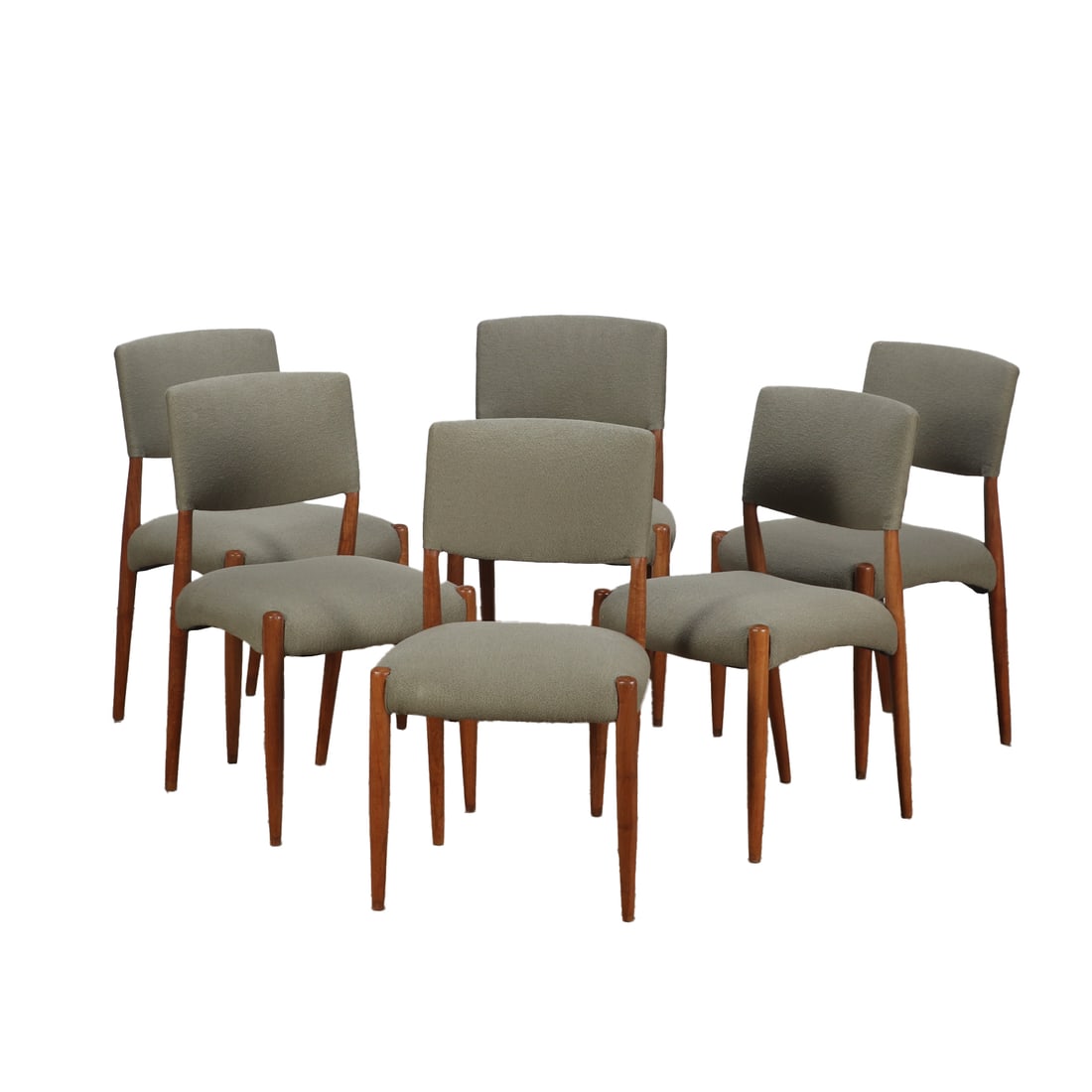 SIX WALNUT SIDE CHAIRS C 1960 WITH "DOUBLE" ARMS AND NEW FABRIC. (1 of 5)