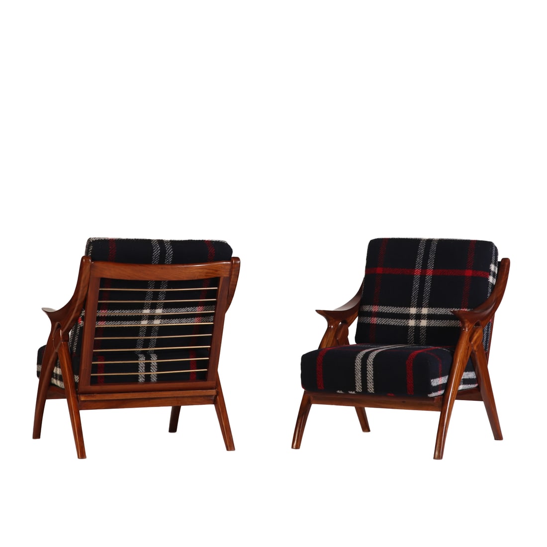 PAIR OF SLEEK MAHOGANY ARM CHAIRS HAVING PLAID LOOSE CUSHION UPHOLSTERY: Pair of sleek mahogany arm chairs having plaid loose cushion upholstery Ht: 35" Wd: 27.75" Dpth: 34" Seat: 16"