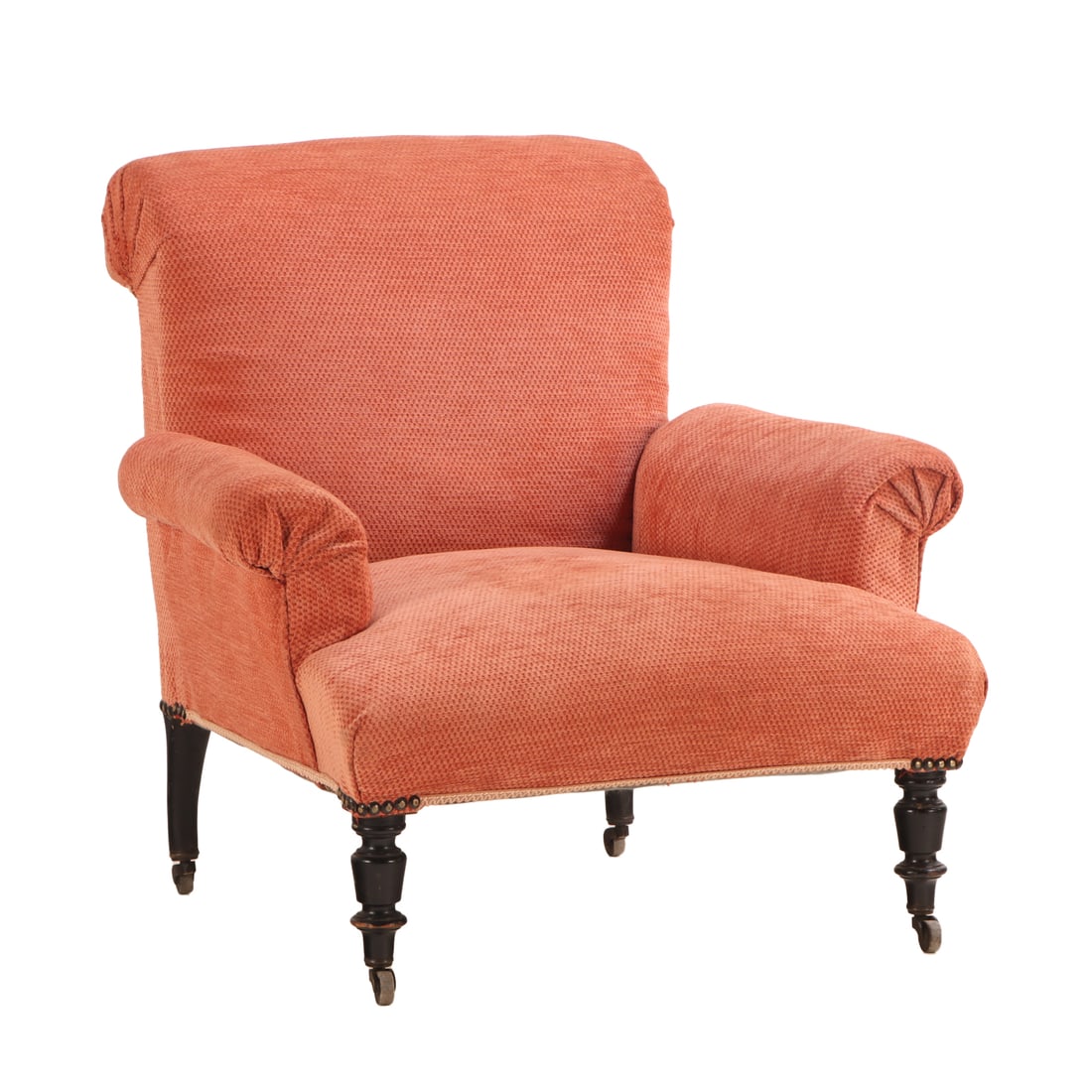 FRENCH NAPOLEON III LOUNGE CHAIR HAVING EBONIZED TURNED FEET C 1860.: French Napoleon III lounge chair having ebonized turned feet C 1860. Ht: 31.5" Wd: 33" Dpth: 32" Seat: 16"