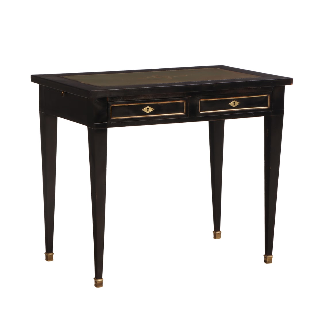 FRENCH DIRECTOIRE STYLE EBONIZED MAHOGANY TWO DRAWER WRITING DESK C 1940 HAVING A LEATHER TOP. (1 of 7)