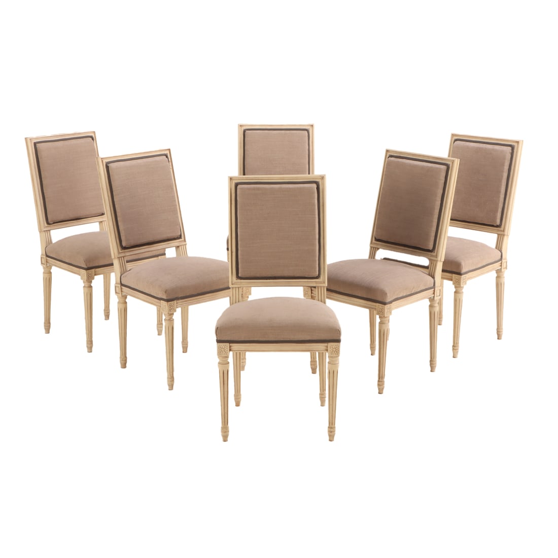 SIX PAINTED FRENCH LOUIS XVI STYLE UPHOLSTERED BACK DINING CHAIRS C 1940. (1 of 5)