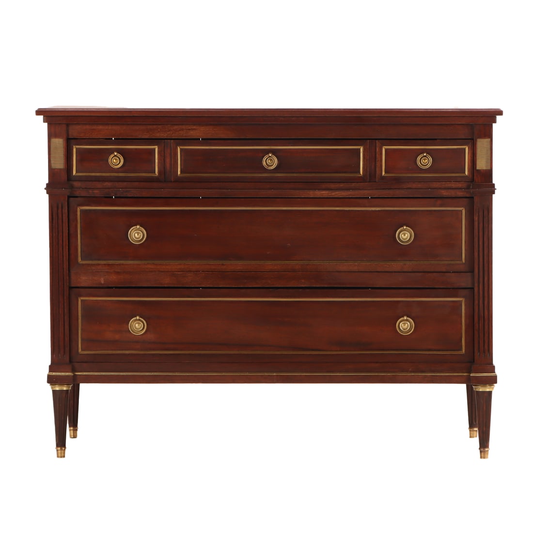 FRENCH LOUIS XVI STYLE MAHOGANY BRONZE MOUNTED DRESSER C 1950.: French Louis XVI style mahogany bronze mounted dresser C 1950. Ht: 36" Wd: 46.5" Dpth: 21"
