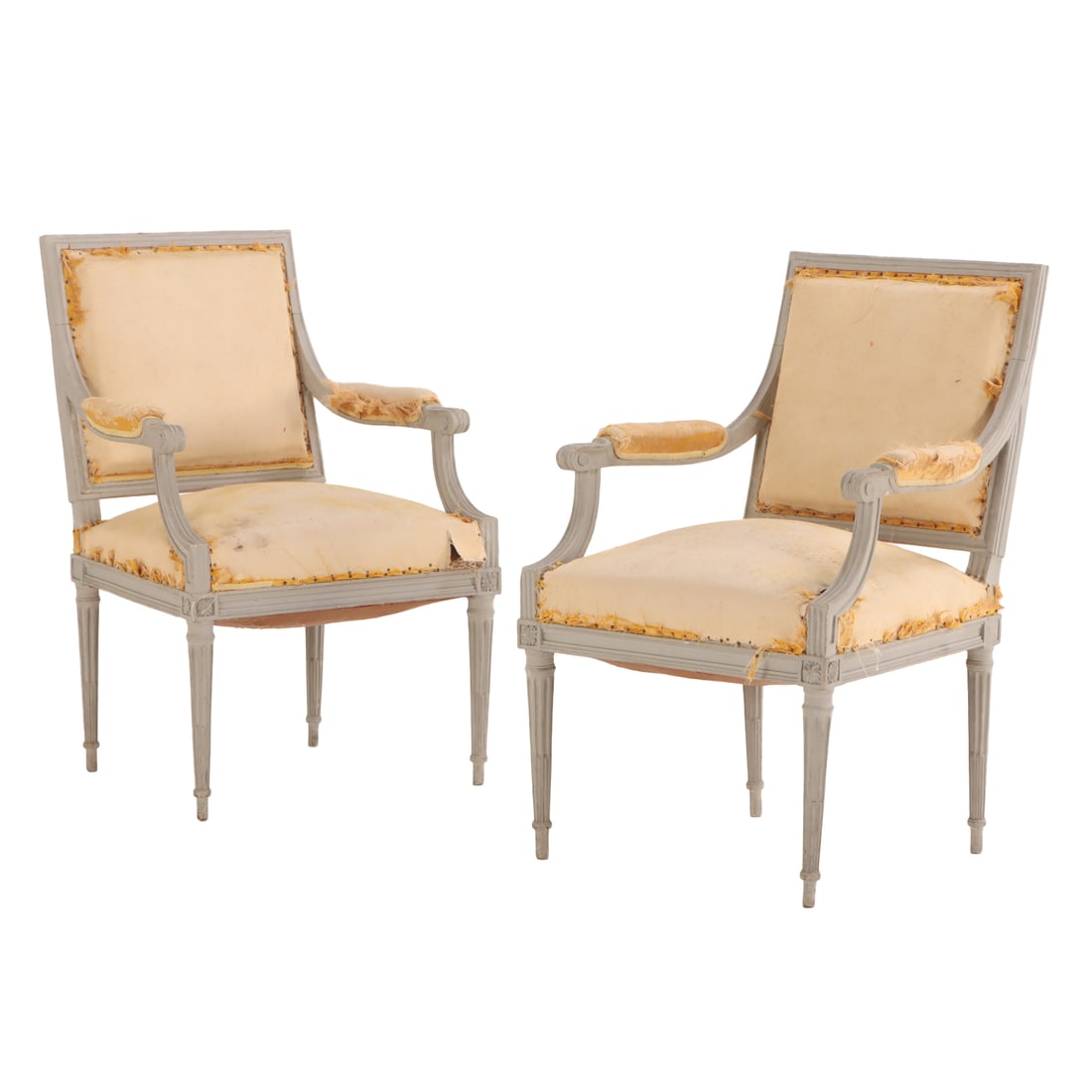 FINE PAIR OF PAINTED FRENCH LOUIS XVI STYLE OPEN ARM CHAIRS C 1900. (1 of 5)