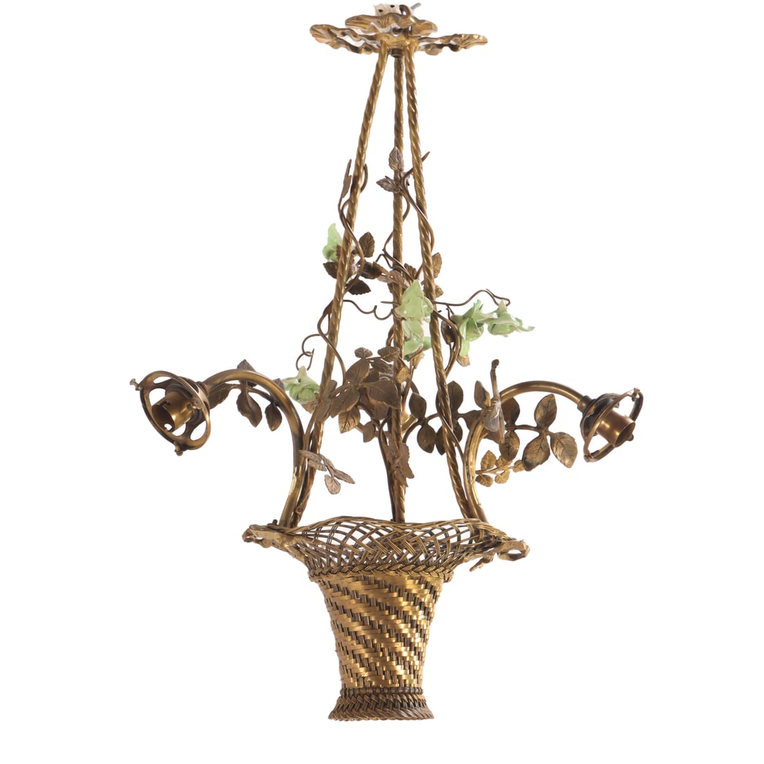 FRENCH BRASS FLOWER BASKET THREE ARM CHANDELIER HAVING PORCELAIN FLOWERS C 1920. (1 of 5)