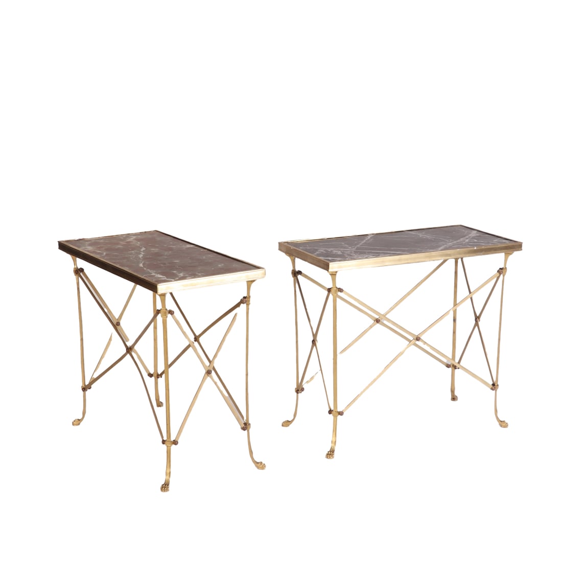 TWO BRONZE NEO-CLASSICAL STYLE MARBLE TOP TABLES HAVING CLAW FEET IN THE MANNER OF JANSEN. (1 of 5)