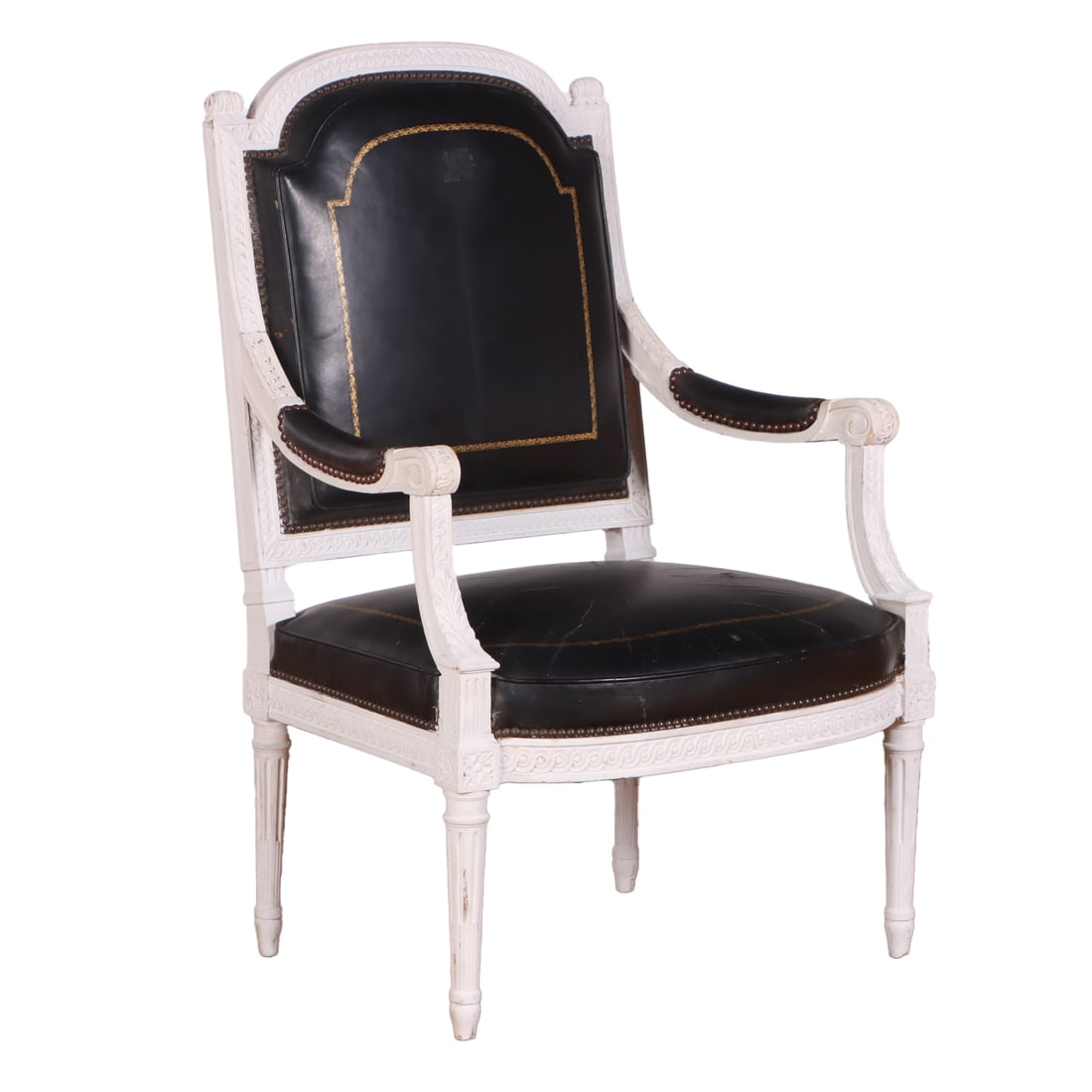 PAINTED AND CARVED FRENCH LOUIS XVI STYLE OPEN ARM CHAIR IN BLACK LEATHER UPHOLSTERY C 1900. (1 of 5)