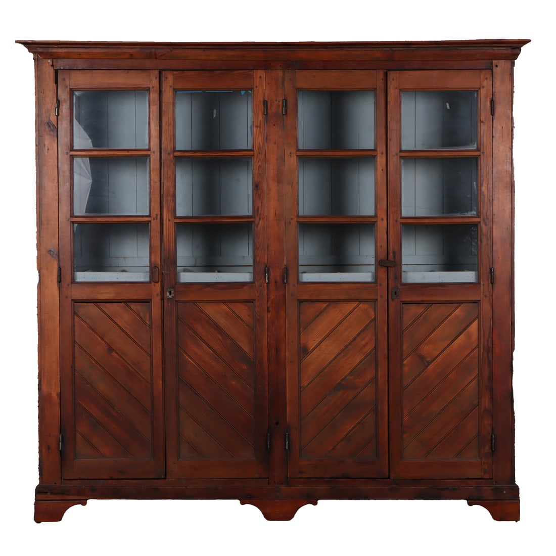 NINETEENTH CENTURY FOUR DOOR PINE CABINET WITH BLUE INTERIOR AND CROSS HATCH DESIGN. DISMANTLES. (1 of 7)