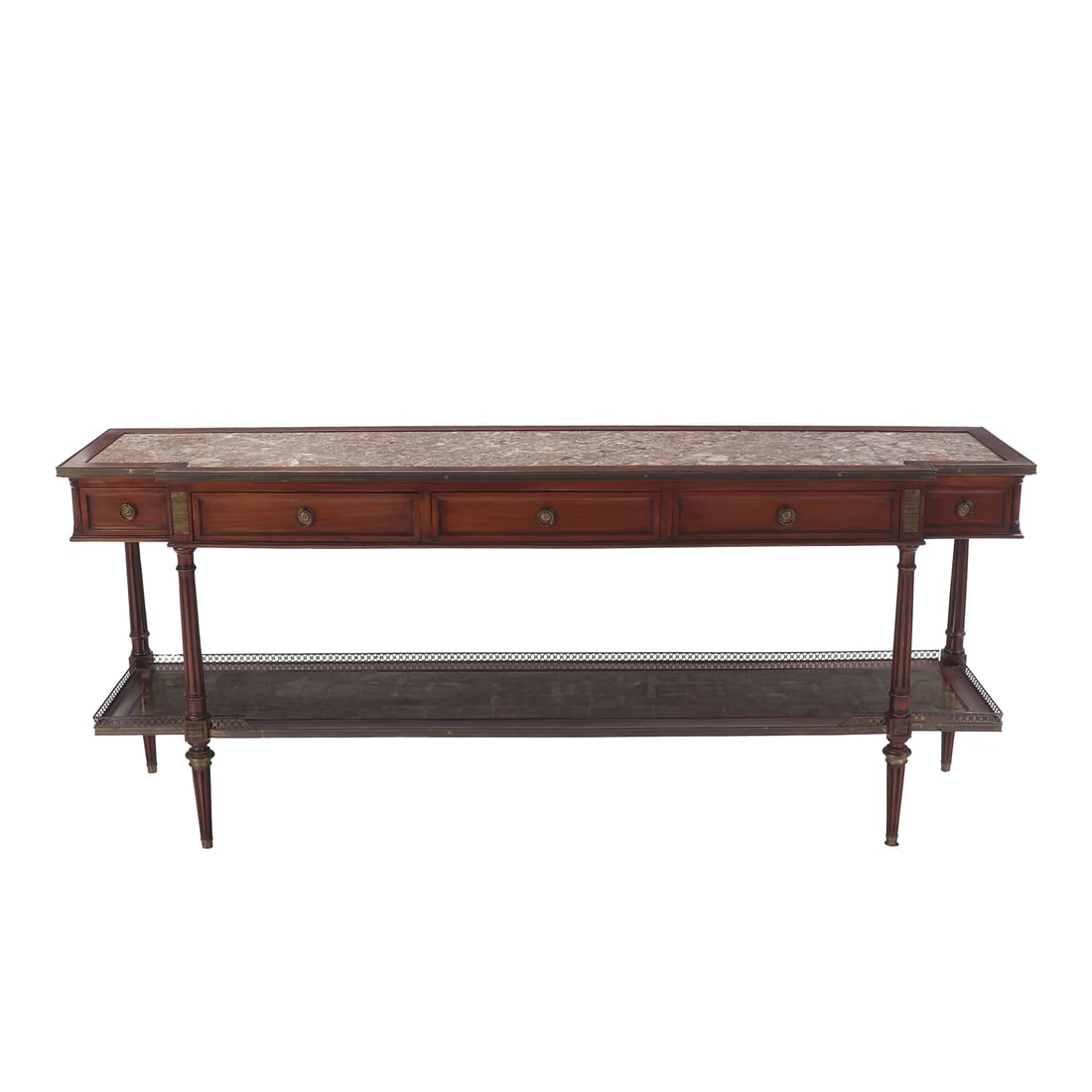 MAHOGANY BRONZE MOUNTED MARBLE TOP CONSOLE TABLE IN THE LOUIS XVI STYLE HAVING FIVE DRAWERS AND A (1 of 6)