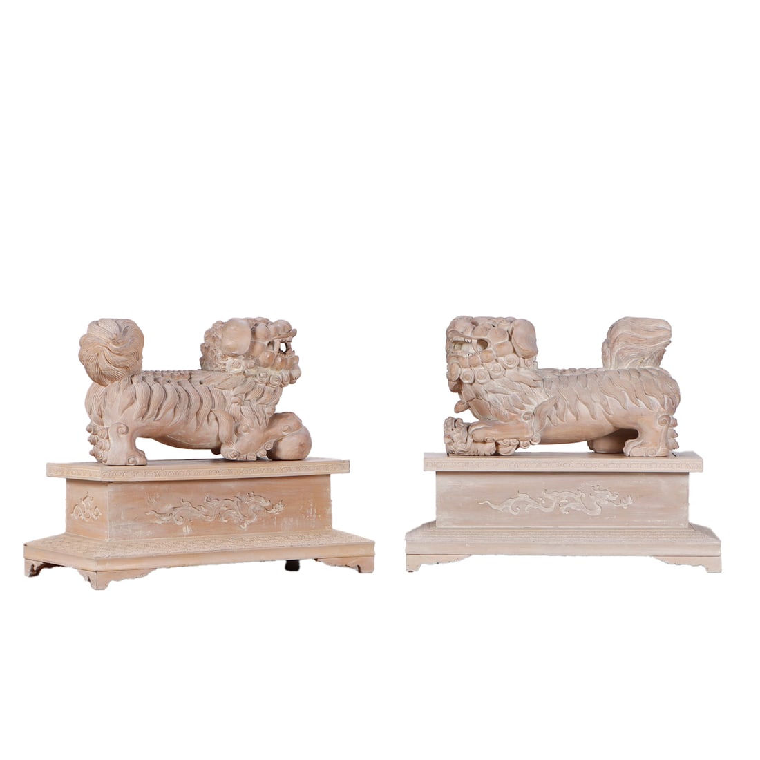 A LARGE PAIR OF ASIAN CARVED AND PAINTED WOOD SCULPTURES OF FOO DOGS RAISED ON DECORATED STANDS. (1 of 9)
