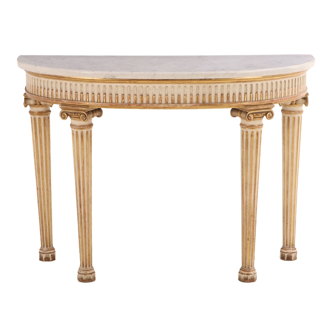 QUALITY NEO-CLASSICAL STYLE PAINTED AND GILT MARBLE TOP CONSOLE TABLE ATTRIBUTED TO JANSEN C (1 of 4)