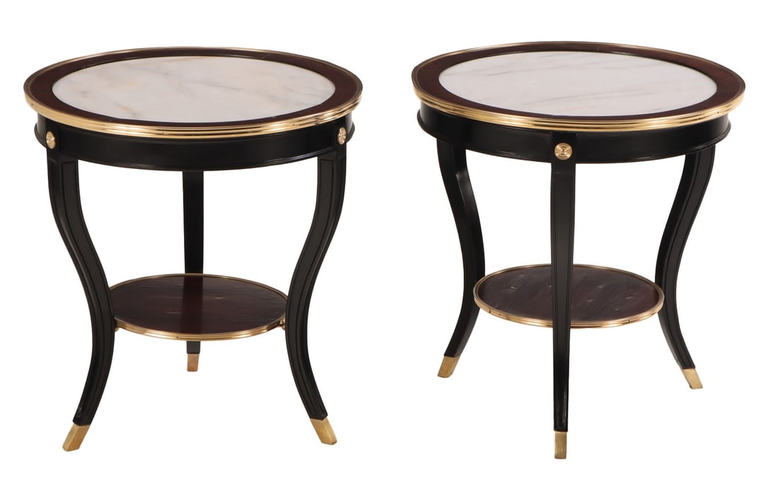 PAIR OF PARTIAL EBONIZED AND MAHOGANY MARBLE TOP BRONZE MOUNTED GUERIDON TABLES IN THE MANNER OF: Pair of partial ebonized and mahogany marble top bronze mounted gueridon tables in the manner of Jansen Ht: 27" Wd: 25.5" Dpth: 25.5"