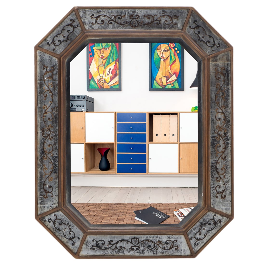 OCTAGONAL EGLOMISE DECORATED MIRROR ATTRIBUTED TO JANSEN C 1950. (1 of 6)