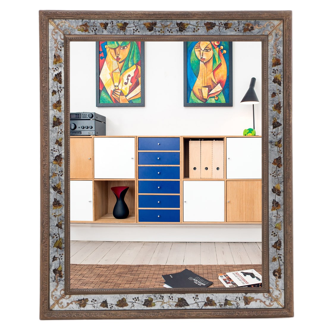 RECTANGULAR EGLOMISE DECORATED GLASS FRAMED MIRROR ATTRIBUTED TO JANSEN C 1950. (1 of 6)