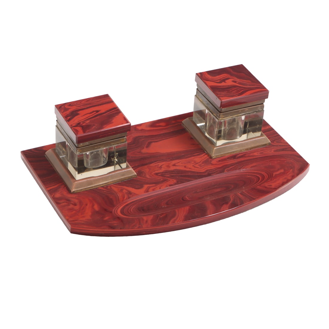 FRENCH RED AGATE DOUBLE INKWELL, GLASS INSERTS, WITH BRONZE MOUNTS CIRCA 1900 (1 of 4)