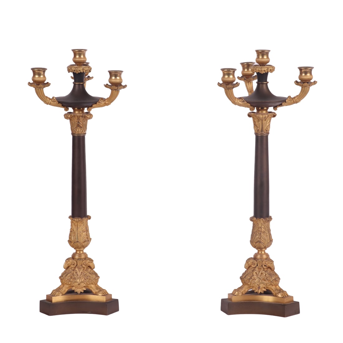 PAIR FRENCH EMPIRE STYLE BRONZE CANDELABRAS HAVING GILT AND PATINATED FINISH, C 19TH CENTURY (1 of 4)