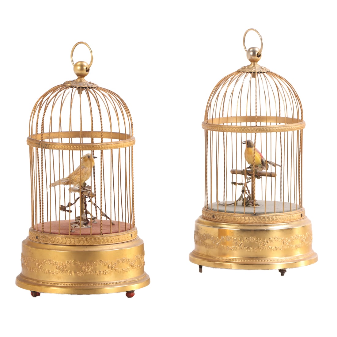 TWO FRENCH AUTOMATON SINGING BIRDCAGES, GILT BRONZE CAGES WITH FEATHERED BIRDS. (1 of 6)