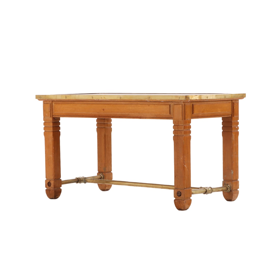 OAK AND BRASS LIBRARY TABLE FROM THE BANC DE FRANCE C 1920. (1 of 6)