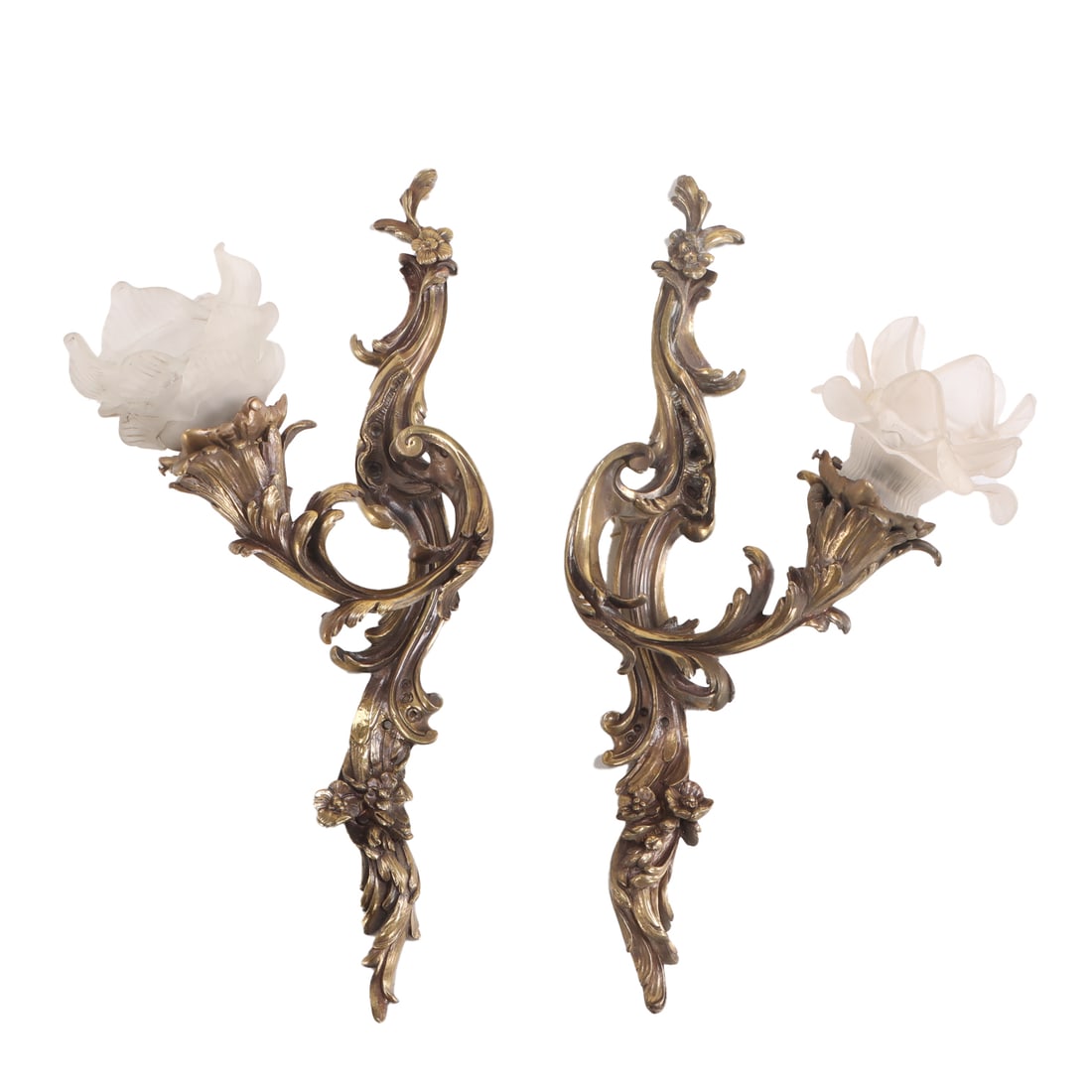 PAIR SINGLE ARM FRENCH BRONZE SCONCES WITH TULIP GLASS SHADES C 1940. (1 of 3)