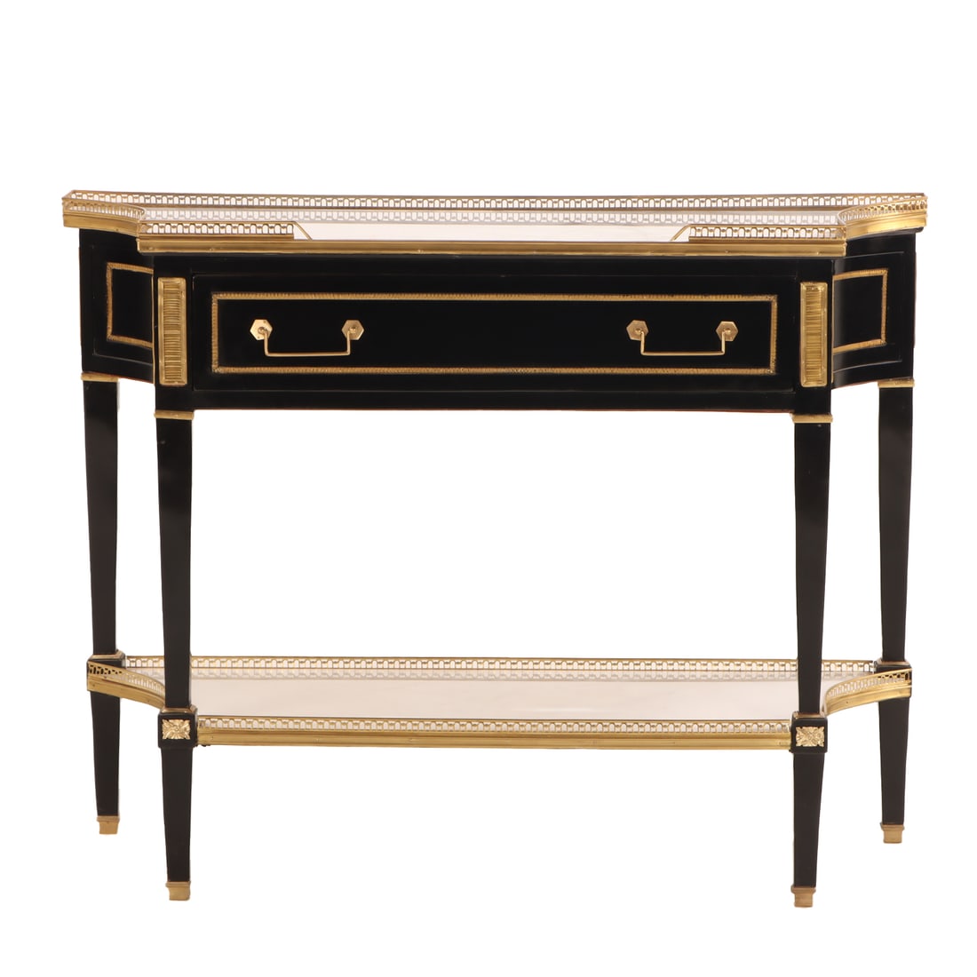 EBONIZED MARBLE TOP DIRECTOIRE STYLE SERVER OR CONSOLE TABLE HAVING BRONZE MOUNTS AND A LOWER (1 of 4)