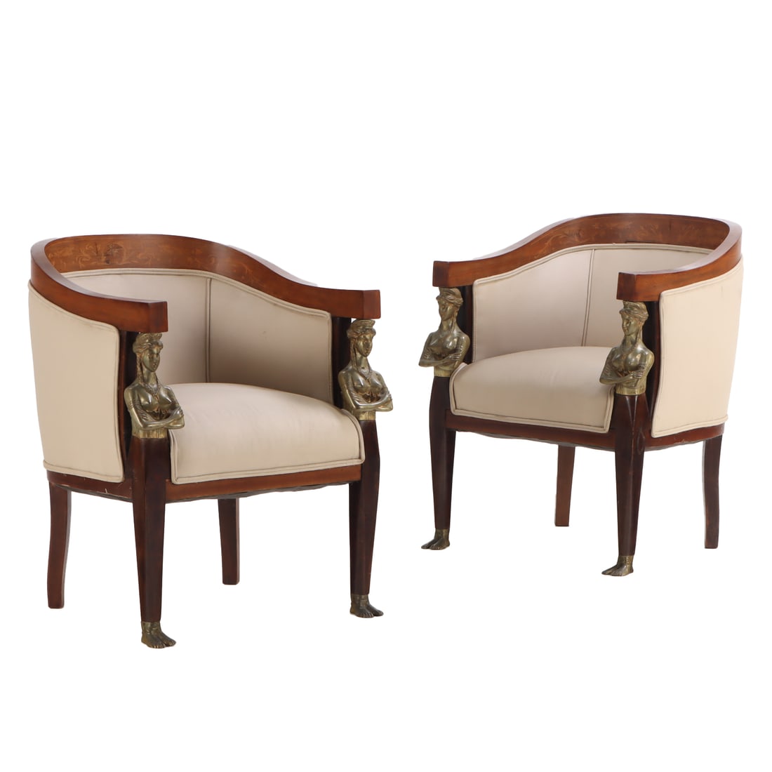 PAIR RUSSIAN STYLE TUB CHAIRS HAVING INLAID BACKS AND FIGURAL BRONZE MOUNTS. (1 of 6)