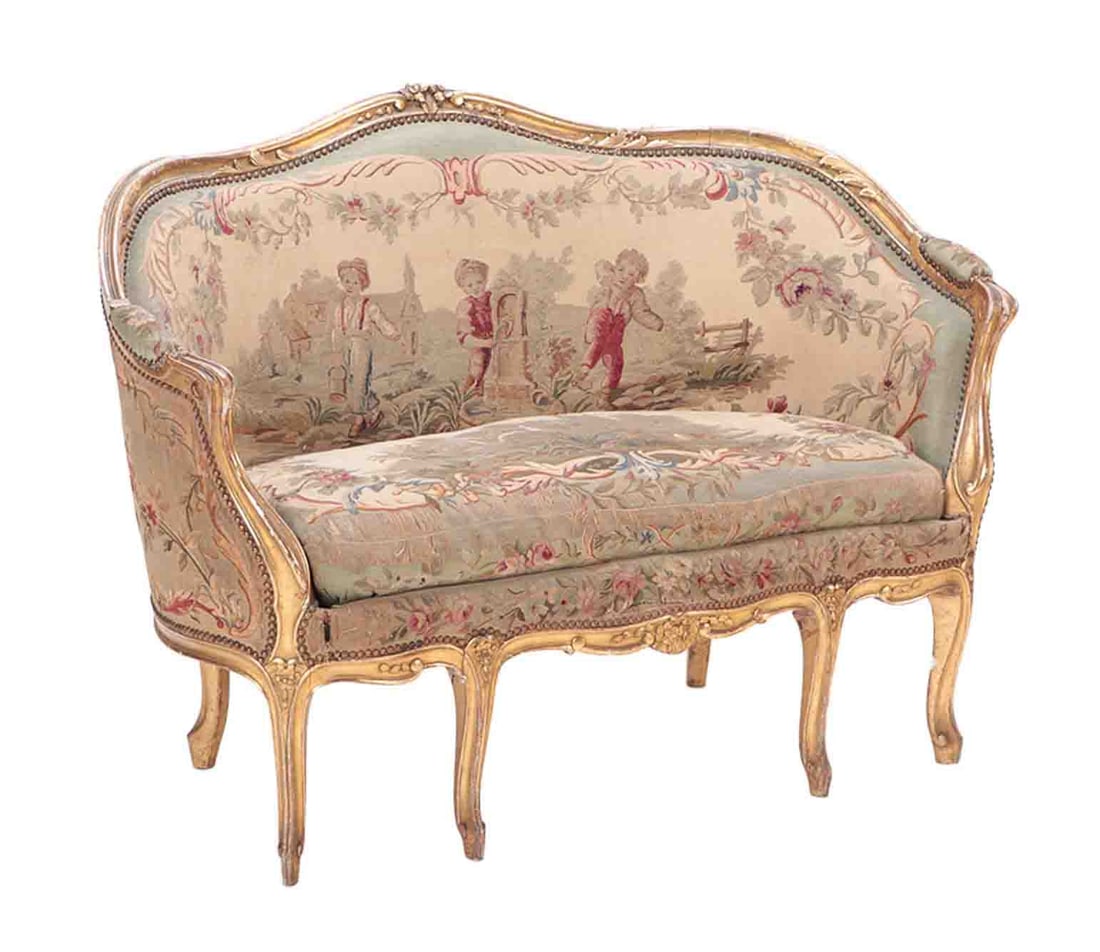 LOUIS XV STYLE CARVED AND GILT WOOD SETTEE C 1900. (1 of 6)