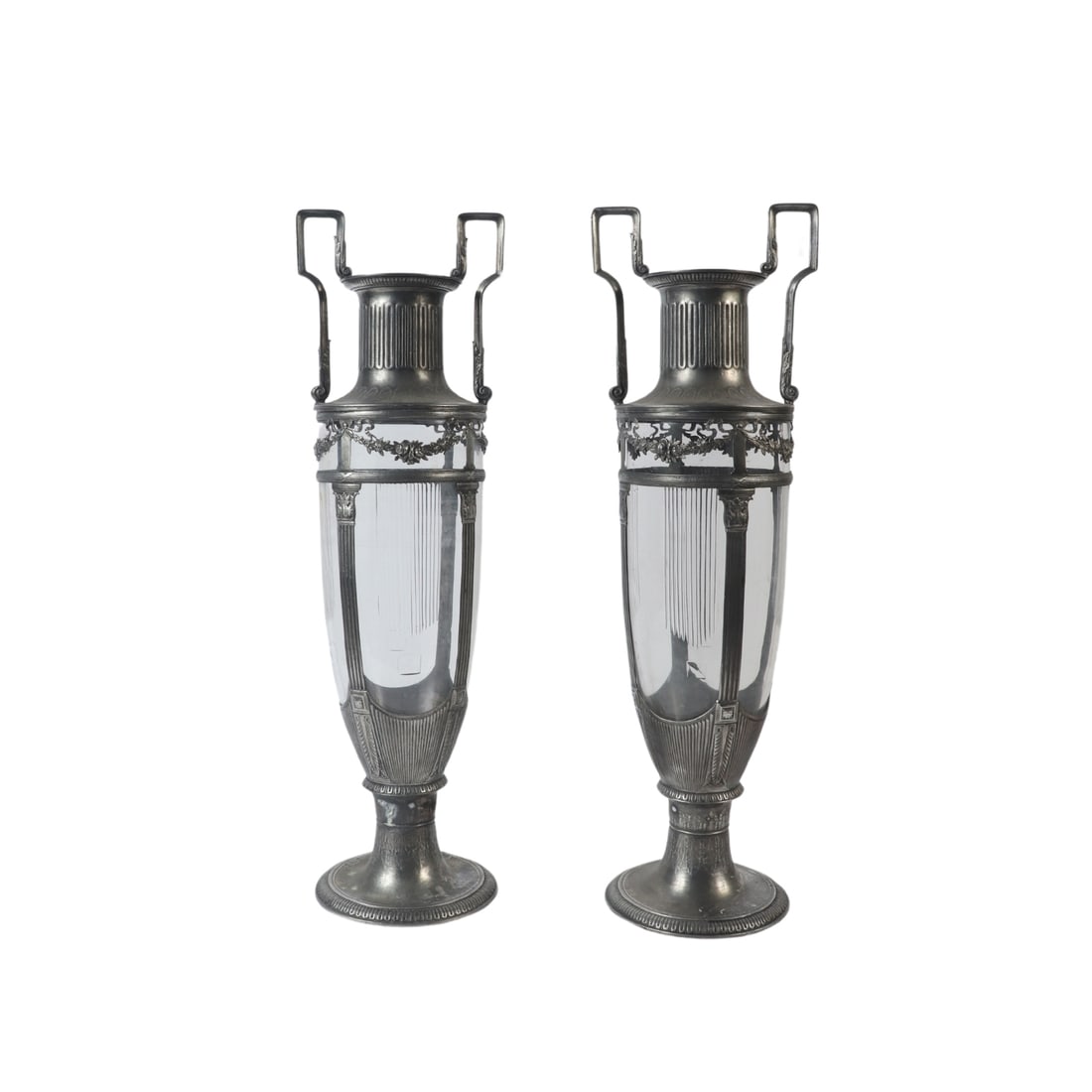 ETCHED GLASS AND METAL URNS WITH HANDLES C 1910.: Etched glass and metal urns with handles C 1910. Ht: 23.75" Wd: 7.25"
