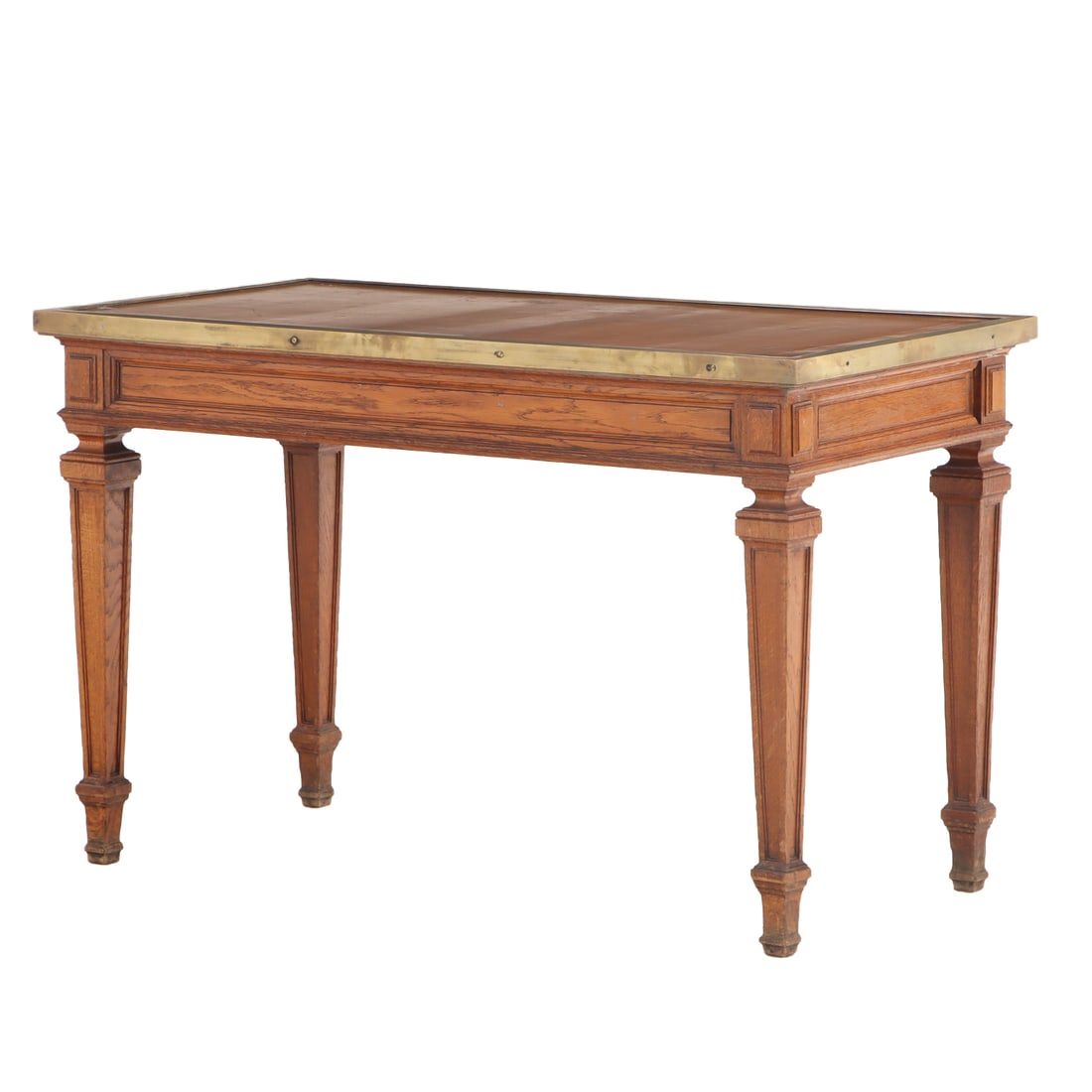 FRENCH OAK LIBRARY TABLE HAVING BRONZE TRIM AND LEATHER TOP FROM THE BANC DE FRANCE C 1940. (1 of 4)