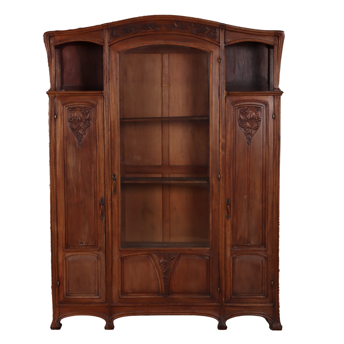 FRENCH ART NOVEAU THREE SECTION BOOK CASE C 1920 HAVING LEAF CARVED DOORS AND CENTRAL GLASS DOOR. (1 of 5)