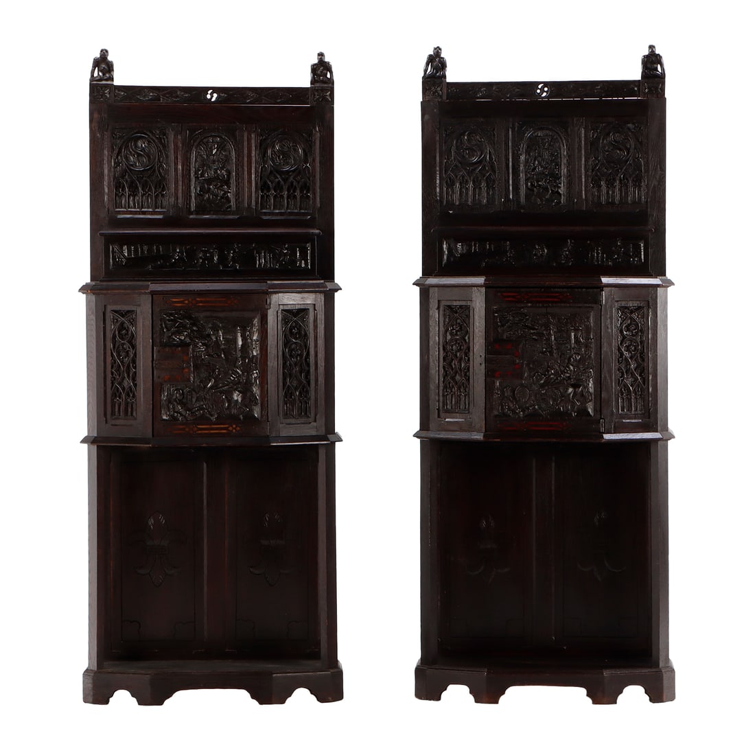 PAIR OF CARVED OAK GOTHIC STYLE SINGLE DOOR CABINETS C 1890. (1 of 8)