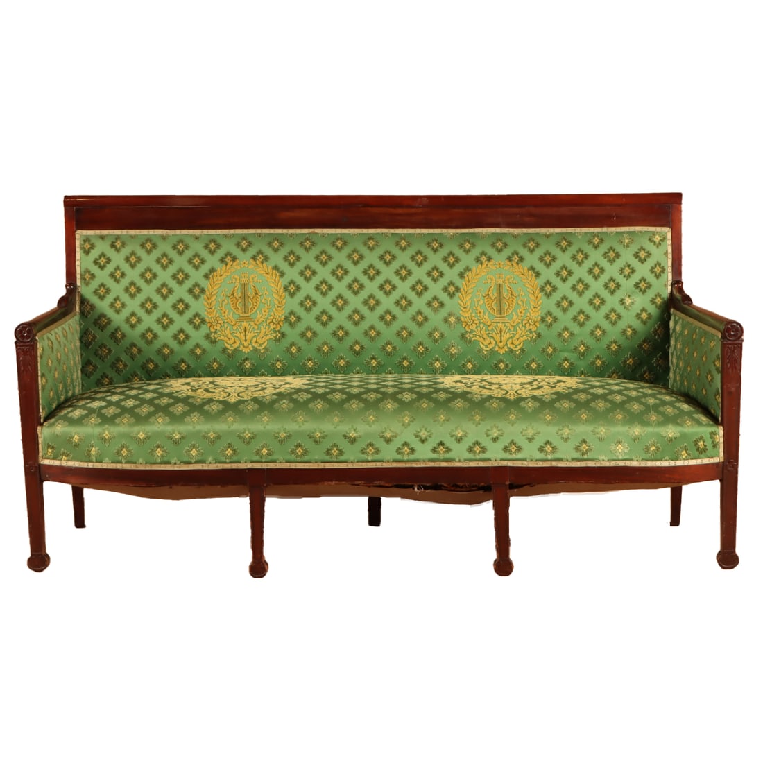 NINETEENTH FRENCH RESTORATION MAHOGANY SEVEN LEG SOFA WITH APPROPRIATE FABRIC.: Nineteenth French restoration mahogany seven leg sofa with appropriate fabric. Ht: 35" Wd: 70" Dpth: 24" Seat: 16"